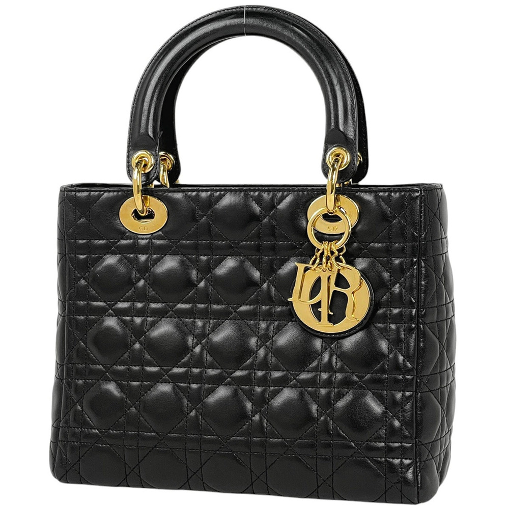 Christian Dior Lady Cannage Handbag Leather Black